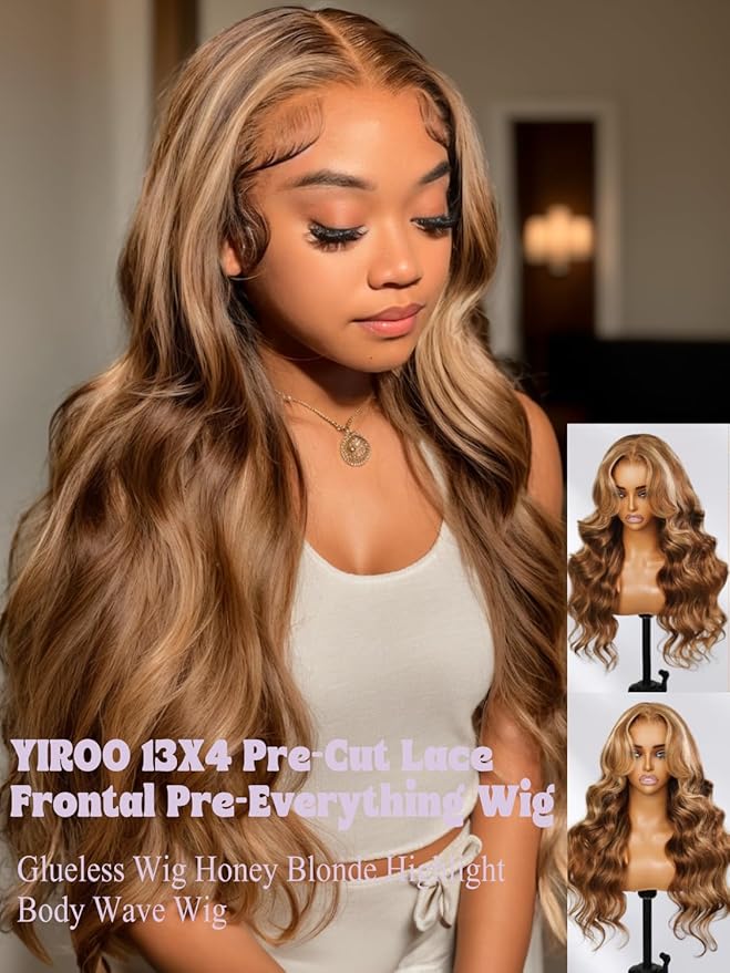 YIROO Pre Everything Wig Honey Blonde 13X4 Pre Cut Lace Front Glueless Human Hair Wigs Body Wave Brown Blonde Highlight Ombre Pre Bleached Invisible Bye Bye Knots Wig Pre Plucked 150% Density 22Inch
