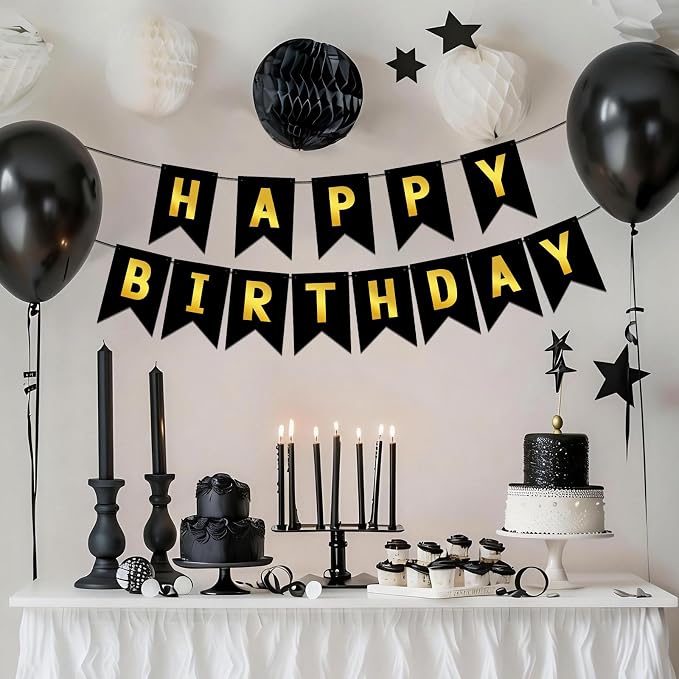Hooqict Happy Birthday Banner Black and Gold Birthday Decorations - Image 3
