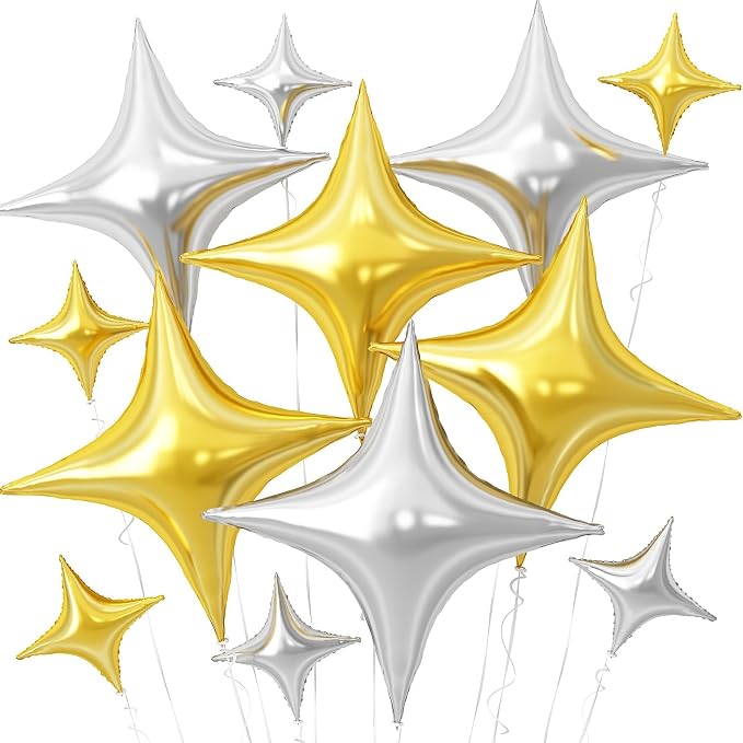 Gold Silver Star Balloons, 26Inch and 10Inch Gold Silver Quadrangle Helium by Adorely