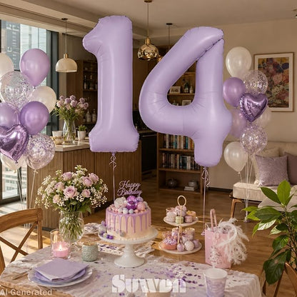SUWEN 40 Inch Light Purple Lavender Big 14 Balloon Number Foil Helium 0-9 | - Image 3