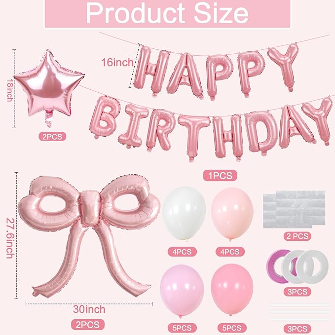 Bow Party Decorations Pink Happy Birthday Balloons Banner Pink Birthday - Image 2