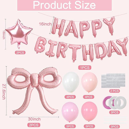 Bow Party Decorations Pink Happy Birthday Balloons Banner Pink Birthday - Image 2