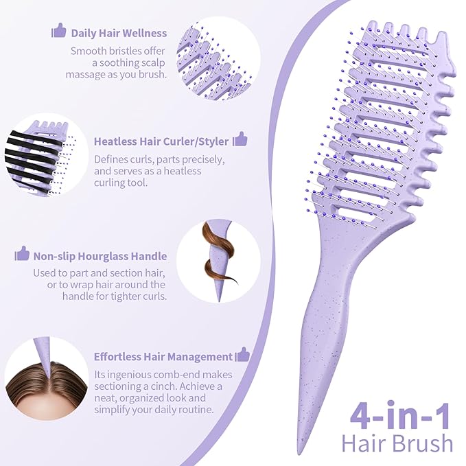 Curl Defining Brush, 4-in-1 Curly Hair Brush – Flexible Styling Brushes for Women and Men, Curls Detangling Hairbrush Featuring a Crescent Shape and Ultra-Smooth Bristles for Wet & Dry Hair - Purple