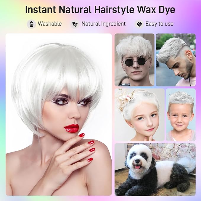 White Temporary Hair Dye,Temporary Hair Color Wax,Natural Washable Hair Dye Temp Hair Color for Women Men Kids Party Cosplay Halloween