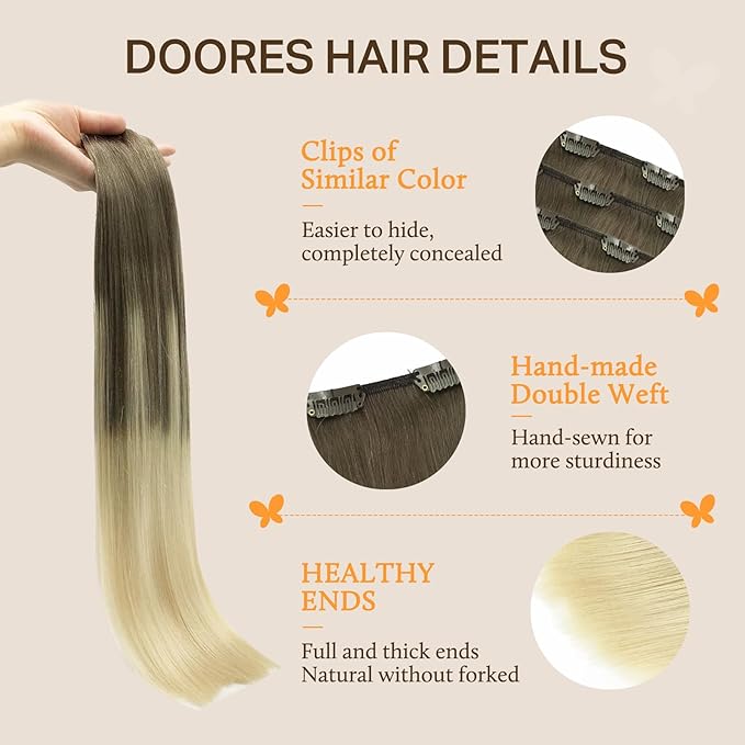 DOORES Hair Extensions Real Human Hair, Ash Brown to Platinum Blonde 135g 7pcs 18 Inch, Silky Straight Clip in Extensions Natural Remy Thick Weft for Women