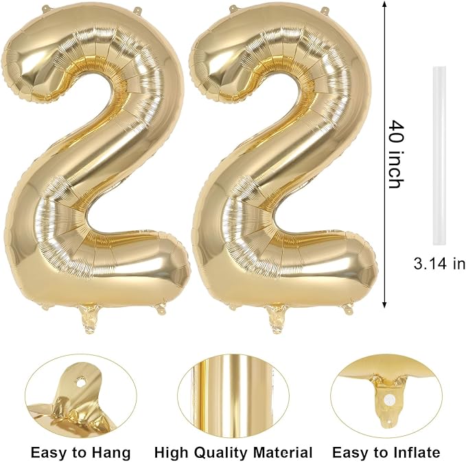 Champagne Gold Large Number 22 Balloon, 40 Inch Light Gold Foil Helium Number - Image 2