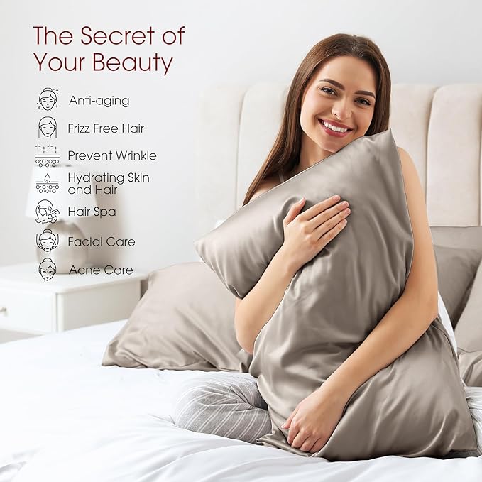 100% Silk Pillow Cases 2 Pack King Size Mulberry Silk Pillowcase for Hair and Skin Set of 2 Highest Grade 6A Silk Soft Breathable Cooling with Hidden Zipper, Grey