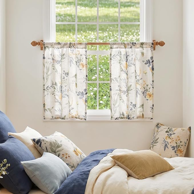 MYSKY HOME Floral Kitchen Curtains 24 Inch Length Linen Tier Curtains Farmhouse - Image 8
