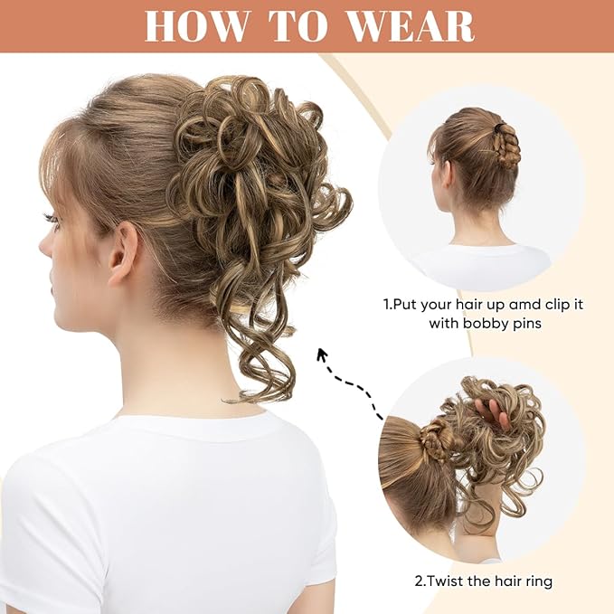 CJL HAIR 2PCS Messy Bun Hair Pieces Wavy Curly Synthetic Updo Chignon Fake Scrunchies Ponytail Extension for Women Chocolate Multi