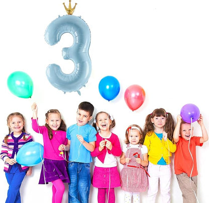 Number 3 Foil Balloon with Crown, 40-Inch Light Blue | Light blue number 3 foil - Image 2