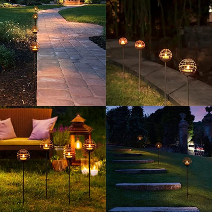 Solar Pathway Lights Outdoor, Rust Iron Ball Candle Holder Stake - Image 6