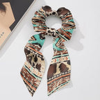 2 Pack Aztec Knotted Bow Hair Scrunchies Elastic Hair Scarf Ethnic Geometric Ribbon Scrunchy Cow Print Bow Hair Ties with Flowing Tails