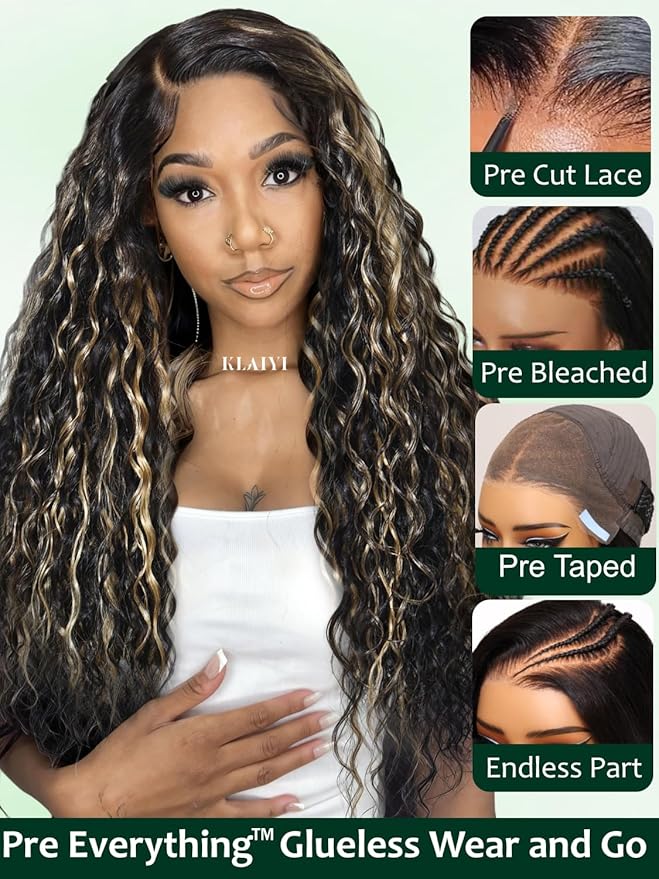 KLAIYI Ombre Highlight Blonde Water Wave Glueless Pre Everything 13x4 Lace Front Wigs Human Hair Drawstring Pre Plucked Pre Bleached Bye Bye Knots Curly Wig with Dark Roots Ready to Wear and Go 20Inch