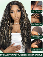 KLAIYI Ombre Highlight Blonde Water Wave Glueless Pre Everything 13x4 Lace Front Wigs Human Hair Drawstring Pre Plucked Pre Bleached Bye Bye Knots Curly Wig with Dark Roots Ready to Wear and Go 16Inch