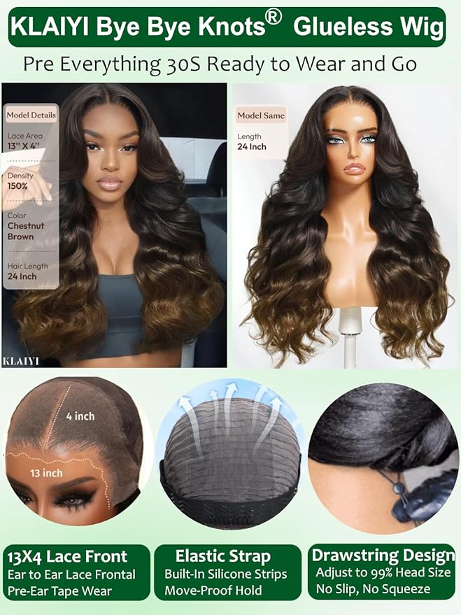 KLAIYI Ombre Brown Loose Body Wave 13x4Pre Everything Lace Frontal Chestnut Brown Drawstring Wig with Face Framing Layers Precut Lace Pre Plucked Bleached Bye Bye Knots Ready to Wear and Go Wig 18Inch
