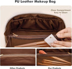 Prite Makeup Bag for Women Travel Waterproof Vegan Leather Cosmetic Bag Open Flat Toiletry Bag With Clear Divider and Handle (Plaid Brown)