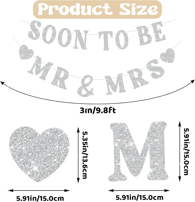 Soon To Be Mr & Mrs Banner for Bridal Shower Decorations, Pre-Strung Silvery - Image 2