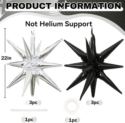 HILAVO 6PCS Silver Black Star Balloons, 22Inch Large Star Balloon Foil Balloons - Image 2