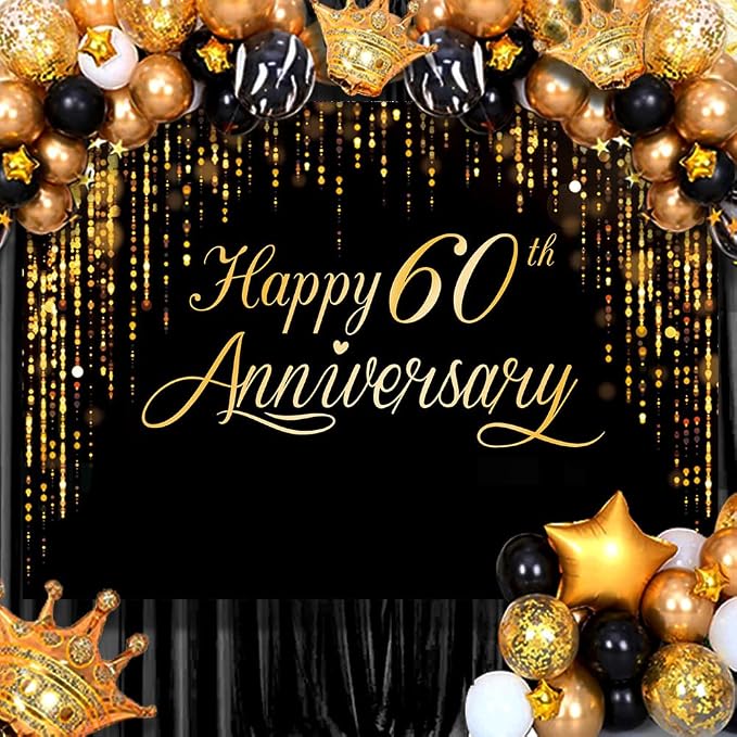 Happy 60th Annverisary Background Decorations Black Gold Backdrop Banner - Image 4