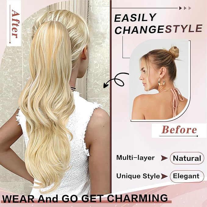 Ponytail Extension, Drawstring Ponytail Extension for Women 26 Inch Long Wavy Blonde Pony Tails Hair Extensions Synthetic Clip in Ponytail Hairpiece for Women(H24/60)