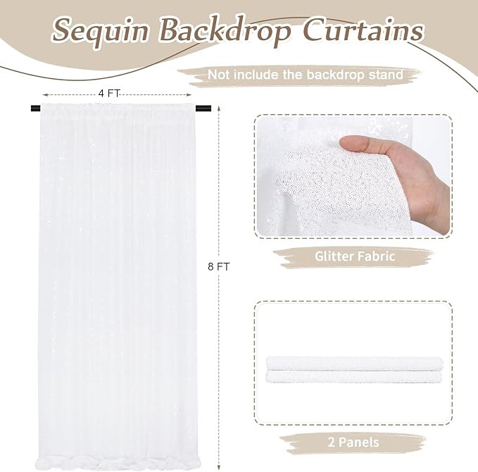 Party Backdrop Curtains 2 Panels 4ftx8ft White Sequin Photo Backdrop Glitter - Image 2