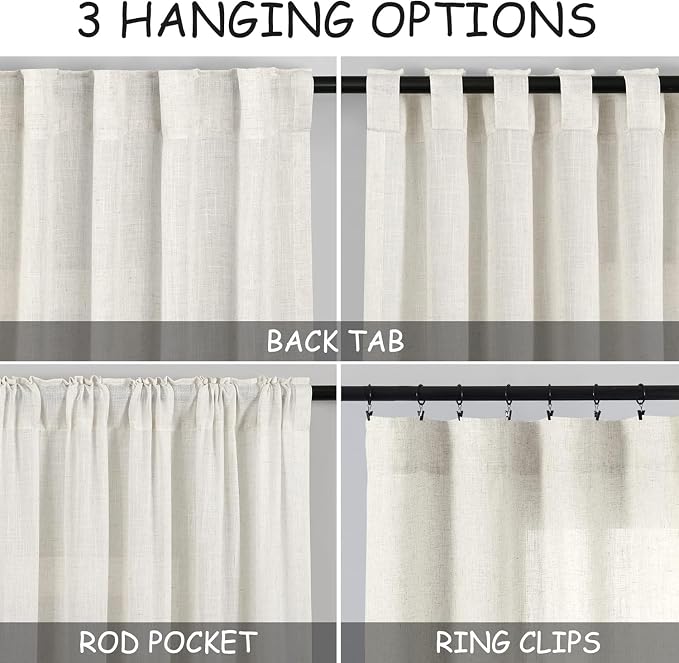 Cream Linen Curtains 84 inch Length 2 Panels forBedroom Living Room, Modern - Image 2