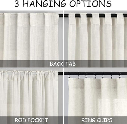 54 Inch Semi Sheer Linen Curtains, Linen Blend Light Filtering Panels Back Tab - Image 2