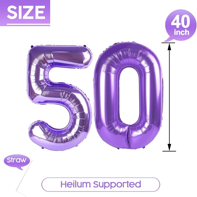 50 Balloon - Purple Birthday Number Balloons, 40 Inch Decorations Men Women | - Image 5