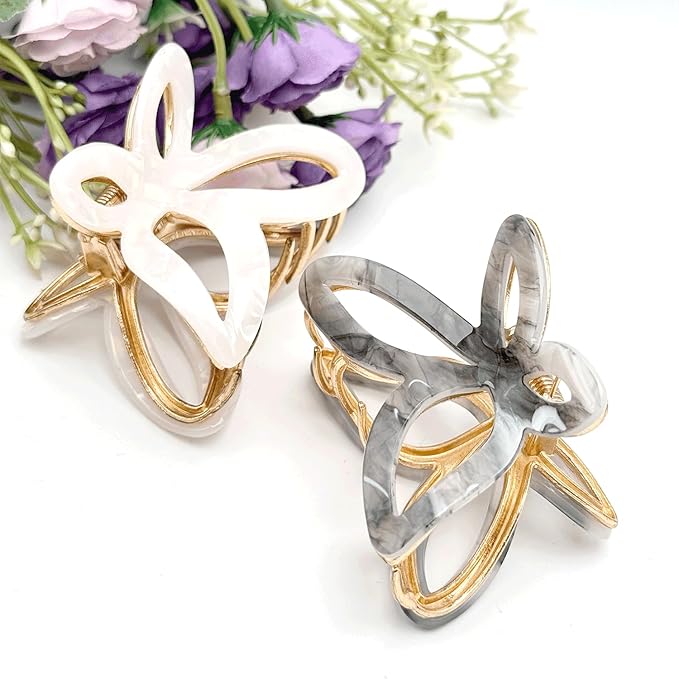 Metal Butterfly Hair Clips for Women -White & Grey Marble Pattern Fashion Decorative Hair Clips, Cute Hair Accessories for Girls, 2 Pack