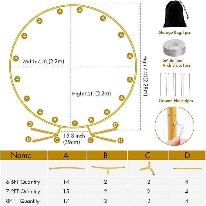 Nisoger 7.2FT Round Backdrop Stand, Circle Gold Balloon Wedding Arch Frame | - Image 4