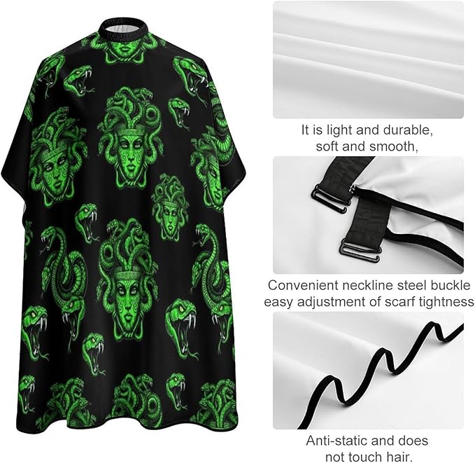 Large Long Professional Barber Cape, Hairdressing Apron Greek Goddess Snake Queen Medusa Green Art Shampoo Cutting Household Capes Wrap for Hair Salon