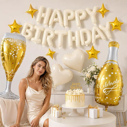 Cream Happy Birthday Balloons Banner, Champagne Bottle Glass Foil Balloon - Image 5