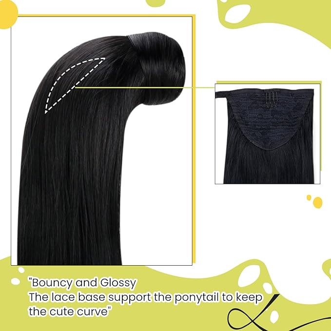 RUNATURE Ponytail Extension Human Hair, Real Hair Ponytail Extension Black, Remy Human Hair Ponytail Wrap Around, Clip in Ponytail Hair Extensions Straight, Easy to Apply, 14 Inch 70g #1 Jet Black