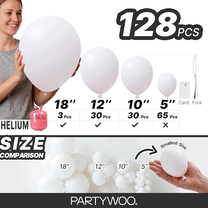 PartyWoo White Balloons 128pcs Matte White Latex Balloons Different Sizes | 18 - Image 6