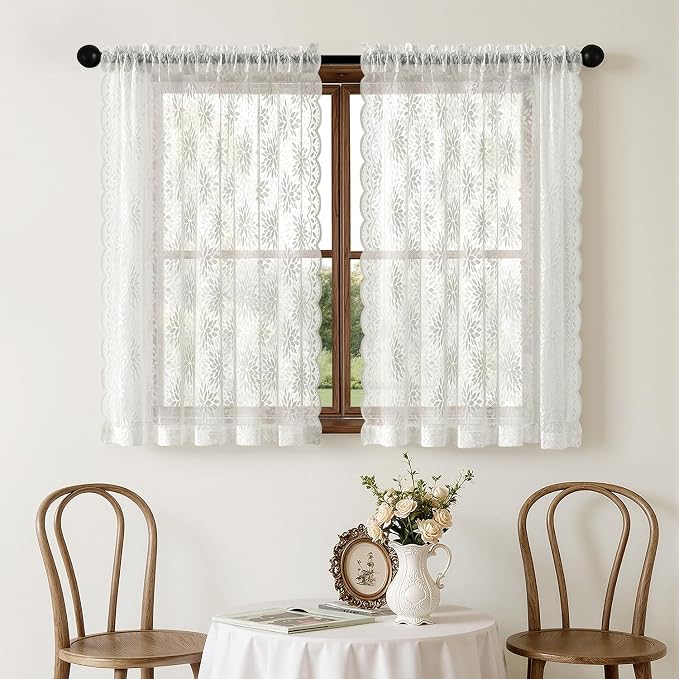 MIULEE Vintage Floral Scalloped Lace Curtains 2 Panels, Semi Sheer Curtains - Image 7