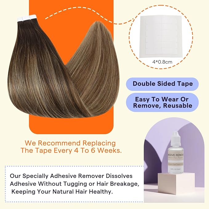 Full Shine Human Hair Extensions Tape in 16 Inch Seamless Tape Extensions Human Hair Color 2 Fading to 3 Brown and 27 Blonde Invisible Remy Extensions 20PCS Tape Ins Human Hair Extensions 50g