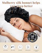 AWAYTR Silk Bonnet for Sleeping Women 100% Mulberry Silk Bonnet with Band 2 Layer Reversible Hair Bonnet Sleeping Hair Wrap (Stars/Black)
