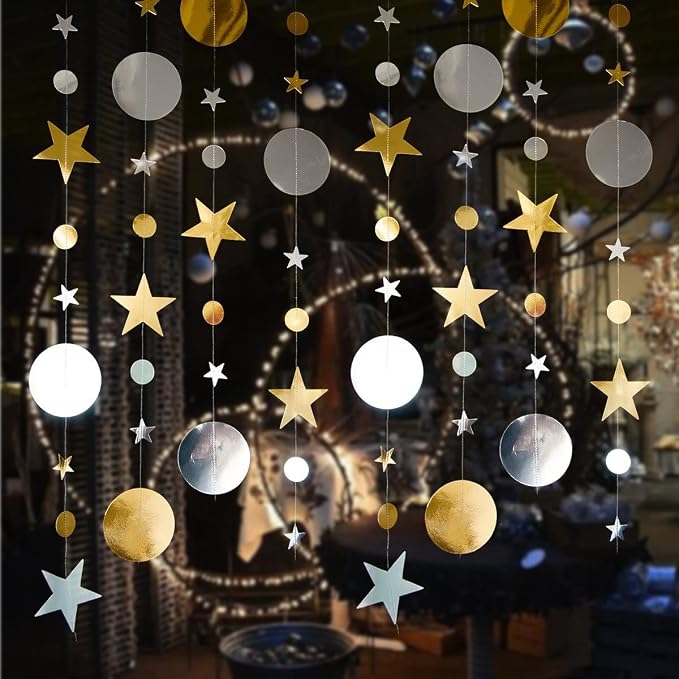 Gold Silver Party Star Circle Dot Decoration Gold Silver Hanging Garland by Eeatour