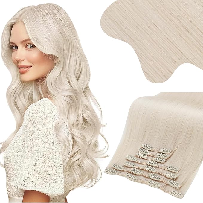 Moresoo White Blonde Clip in Hair Extensions Blonde Clip in Extensions Real Human Hair White Blonde Long Remy Human Hair 150g/7pcs 22 inch