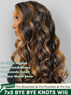 KLAIYI Bye Bye Knots Glueless Wig Ombre Brown Body Wave Pre Cut 7x5 Lace Front Wigs Human Hair Pre Plucked Pre Bleached Pre Everything Wear and Go Wig 12A Highlight Balayage 30S Ready To Go 18Inch