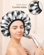 Auban Shower Cap, Shower Cap for Women Terry Cloth Lined EVA Exterior Reusable Double Layer Waterproof, Large Bath Hair Cap, Hotel Travel Essentials Accessories Cleaning Supplies (Checked)