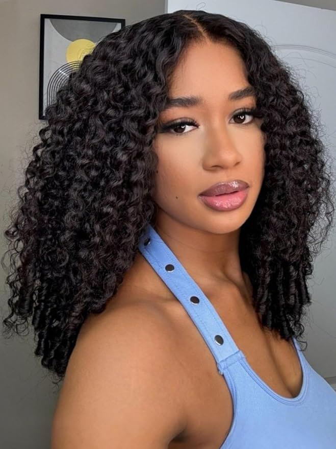 YIROO Burmese Bye Bye Knots Curly Wig Human Hair with Finger Coil Ends,Glueless Wig Human Hair Pre Plucked Pre Cut 7x5 Lace Front Wig Pre Bleached Wear and Go Beginner Friendly 150% Density 26Inch
