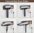 Tindbea Hair Dryer Holder Curling Iron Holder, Blow Dryer Holder Wall Mount, Bathroom Hair Tool Organizer Rack for Universal Dryer, Walnut Wood Silver Color Metal