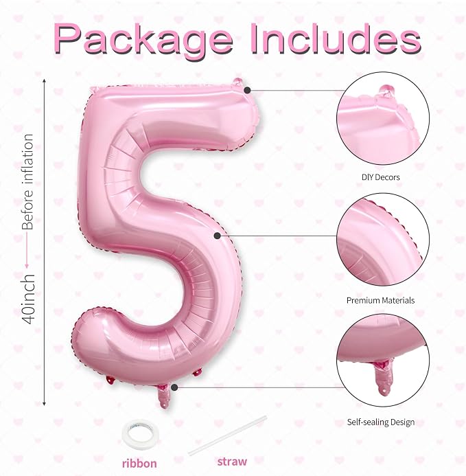 40 Inch Pink Number 5 Balloon, Giant Number Balloons, Birthday Decorations | - Image 3