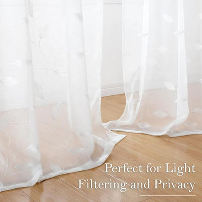 HOMEIDEAS White Sheer Kitchen Curtains 52 x 45 Inch Length 2 Panels Embroidered - Image 5