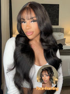 Julia Hair Bye Bye Knots Curtain Bangs Wig Glueless Fluffy Natural Loose Wave Pre Cut 7x5 HD Lace Front Wigs Invisible Pre Plucked Pre Everything Body Wave Put on and Go Wig for Women 16 Inch