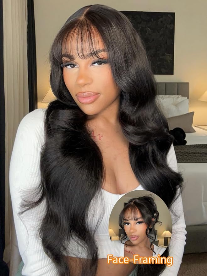 Julia Hair Bye Bye Knots Curtain Bangs Wig Glueless Fluffy Natural Loose Wave Pre Cut 7x5 HD Lace Front Wigs Invisible Pre Plucked Pre Everything Body Wave Put on and Go Wig for Women 20 Inch