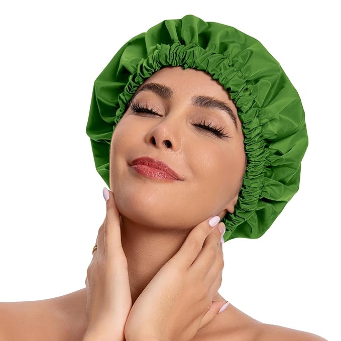 Reusable Shower Cap for Women, Stylish Large Waterproof Shower Bonnet Washable Wide Elastic Band Hair Cap for Long Hair, Braids Bath Hat(Sage)