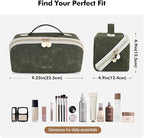 Prite Travel Cosmetic Bag Makeup Organizer Bag For Women Large Capacity Waterproof PU Leather Toiletry Bag with Handle and Clear Divider(Green Flower)