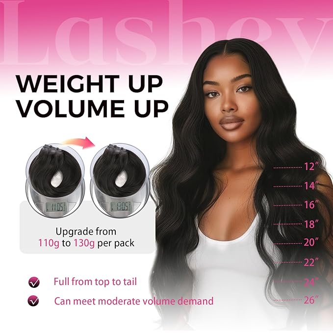 Lashey Seamless Clip in Hair Extensions Human Hair 130g 7pcs Body Wave Thick Remy Human Hair Extensions 24 Inch Natural Black Clip ins with Full End